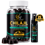 Frasco transparente con gomas oscuras de shilajit, acompañado de un spray íntimo para hombre de diez mililitros etiquetado como obsequio.