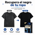 Hoja restauradora de color negro ultra para lavadora que transforma camisetas opacas en prendas de tono intenso y uniforme.