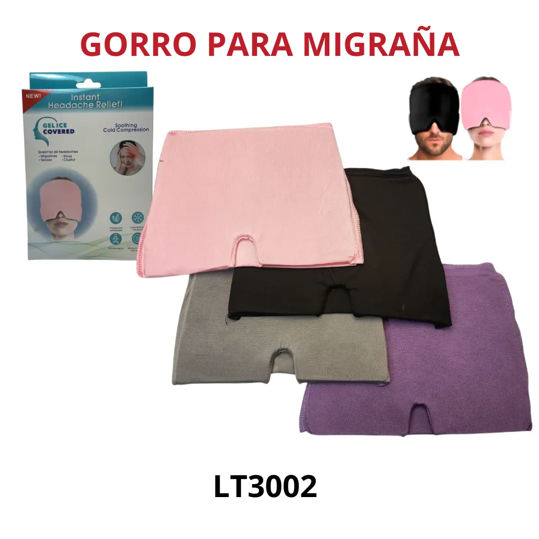 Gorro de gel para migraña en colores rosado, negro, gris y morado con su caja de empaque y modelos usándolo para aliviar dolores de cabeza.