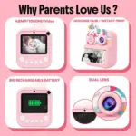 Cámara infantil rosa con diseño de unicornio, pantalla LCD, batería recargable, doble lente e impresión instantánea en blanco y negro.