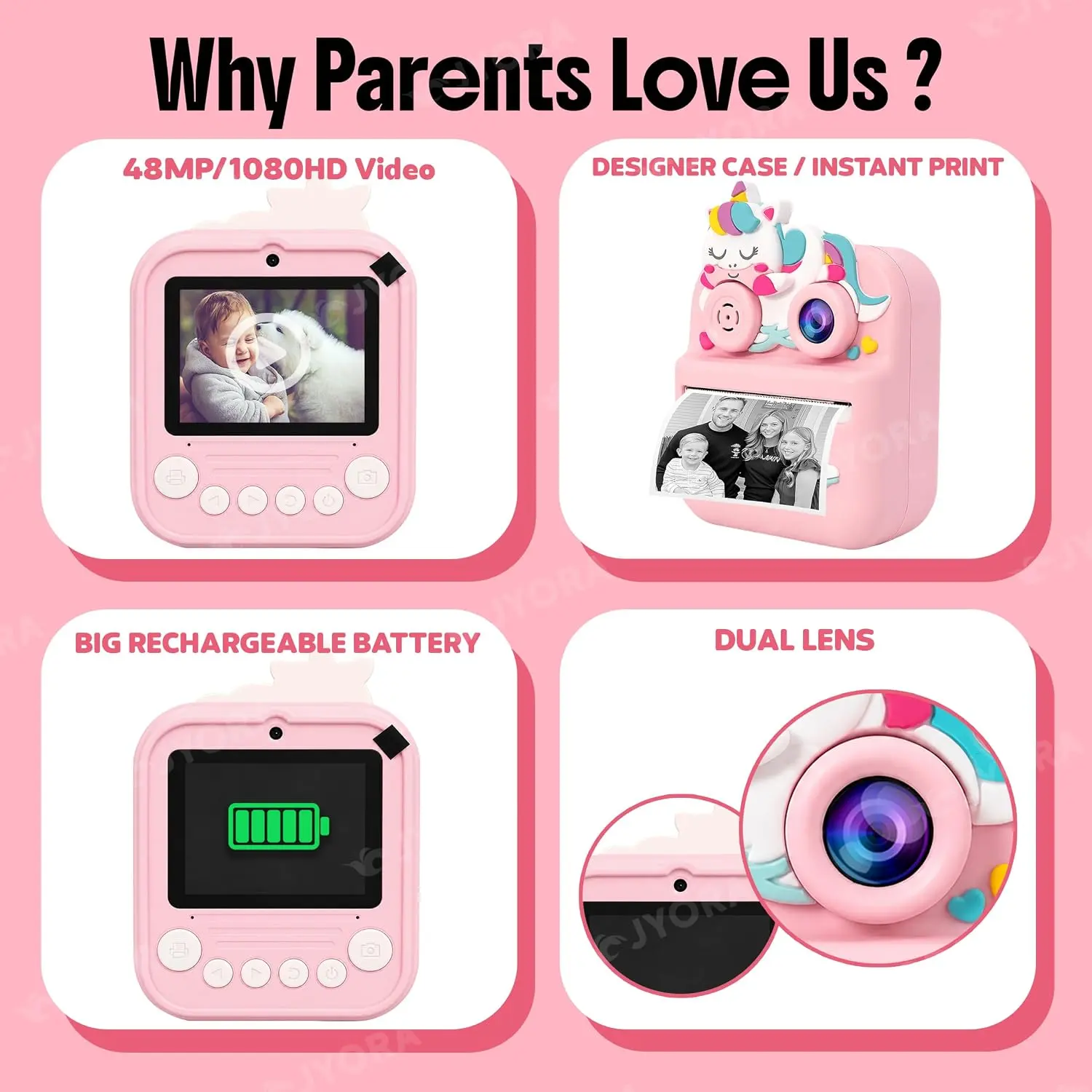 Cámara infantil rosa con diseño de unicornio, pantalla LCD, batería recargable, doble lente e impresión instantánea en blanco y negro.