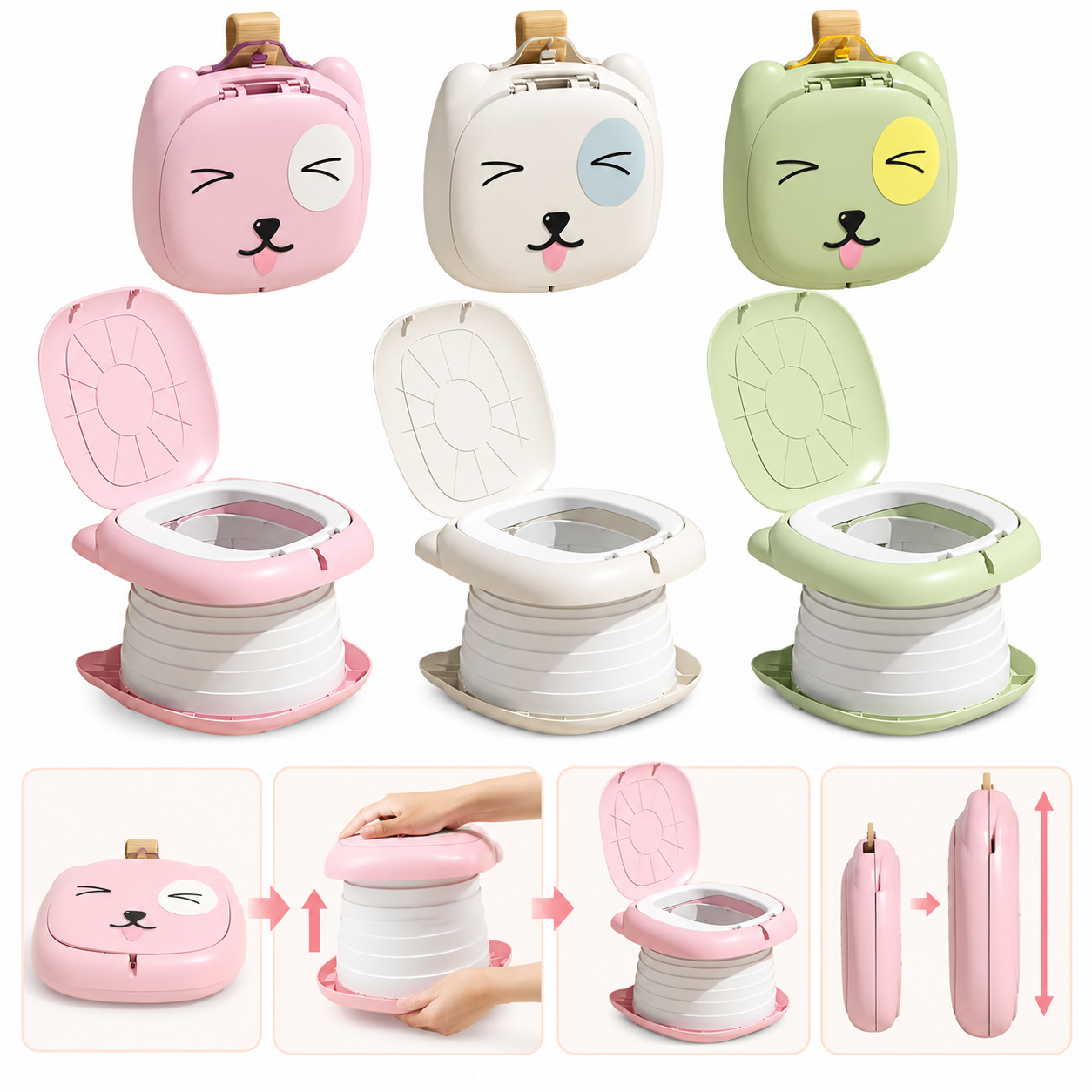 Bacinilla plegable portátil para niños con diseño de osito en colores rosado, crema y verde, incluye pasos de uso y mecanismo de cierre compacto.