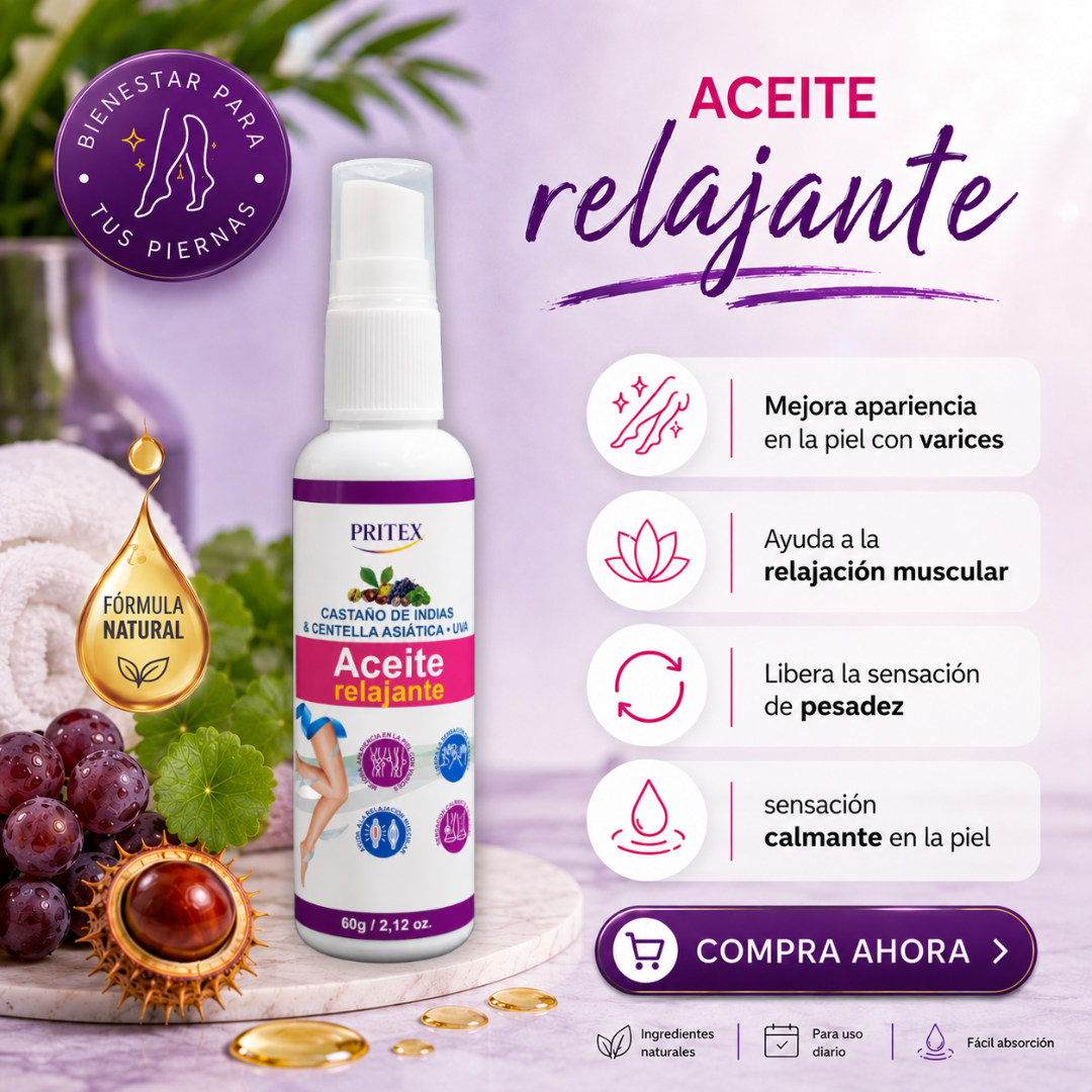 Aceite relajante para piernas en botella con dispensador de 60 gramos, acompañado de uvas y castaño de indias sobre una superficie de mármol.