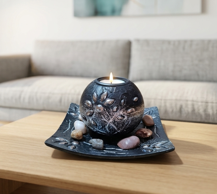 Portavela esférico de resina negra con relieves florales, base cuadrada decorativa y piedras de colores sobre una mesa de madera clara.