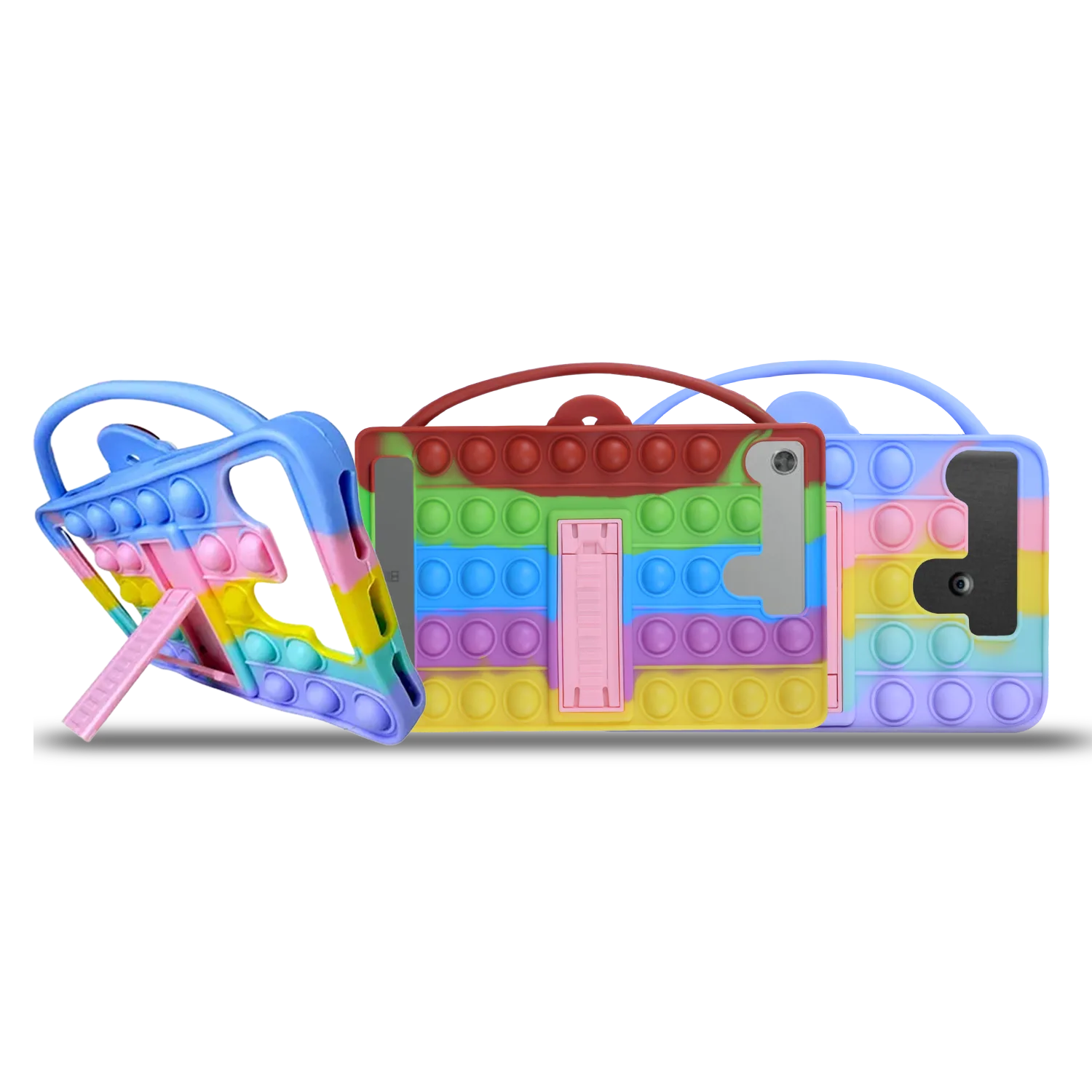 Funda antiestrés Pop It multicolor de silicona con soporte plegable para tablet, mostrada en ángulo, frontal y posterior.