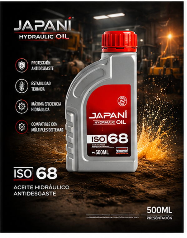 Aceite hidráulico Japani ISO 68 en envase gris de 500ml con tapa roja, sobre fondo industrial oscuro con salpicadura de aceite dorado.