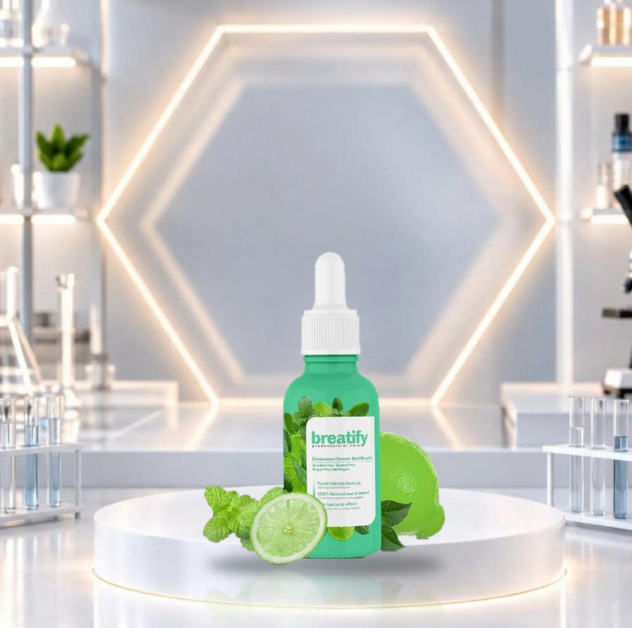Suero bucal verde con gotero blanco, acompañado de rodaja de limón y hojas de menta fresca sobre una plataforma circular en laboratorio.