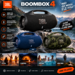 Parlante inalámbrico JBL Boombox 4 en colores negro, azul y camuflado, resistente al agua con asa de transporte para exteriores.