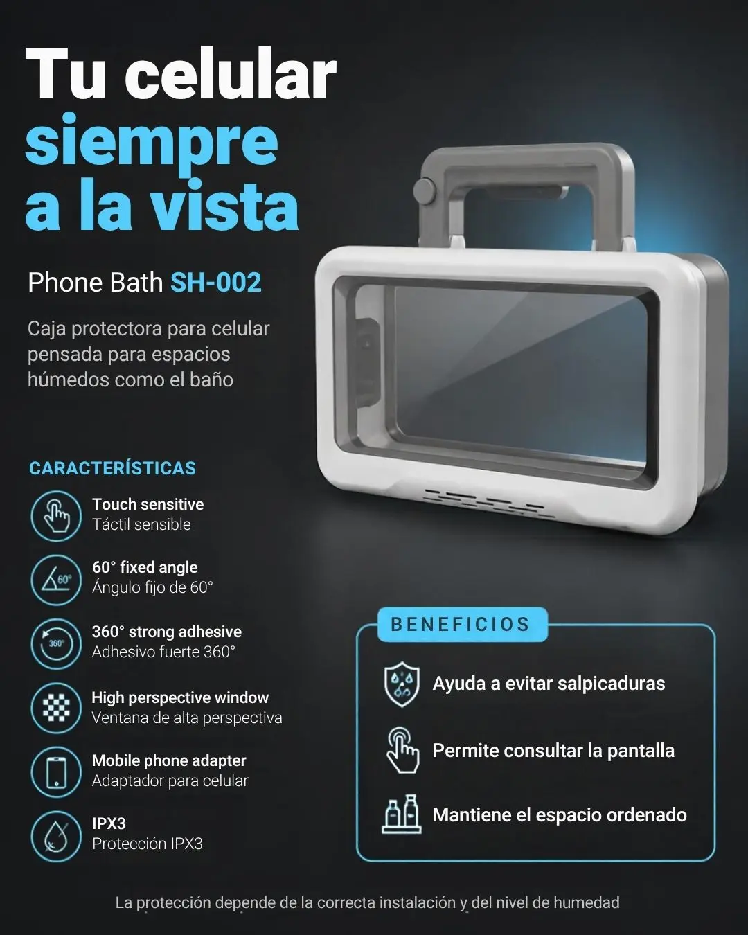 Set x2 Soporte impermeable para celular en la ducha con adhesivo de pared - Protege tu dispositivo contra salpicaduras mientras disfrutas contenido multimedia - Imagen 4