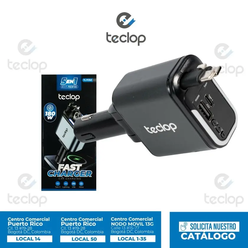 Cargador de carro negro de 180W marca Teclop, con múltiples puertos USB y cables integrados, junto a su caja de empaque y datos de contacto.