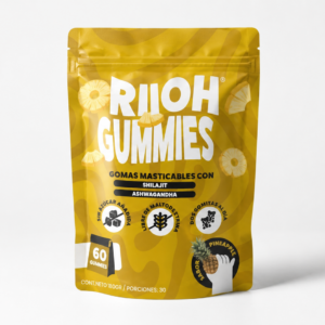 Bolsa doypack amarilla con diseño de ondas y piñas, etiqueta de gomas masticables con shilajit y ashwagandha, 60 unidades.