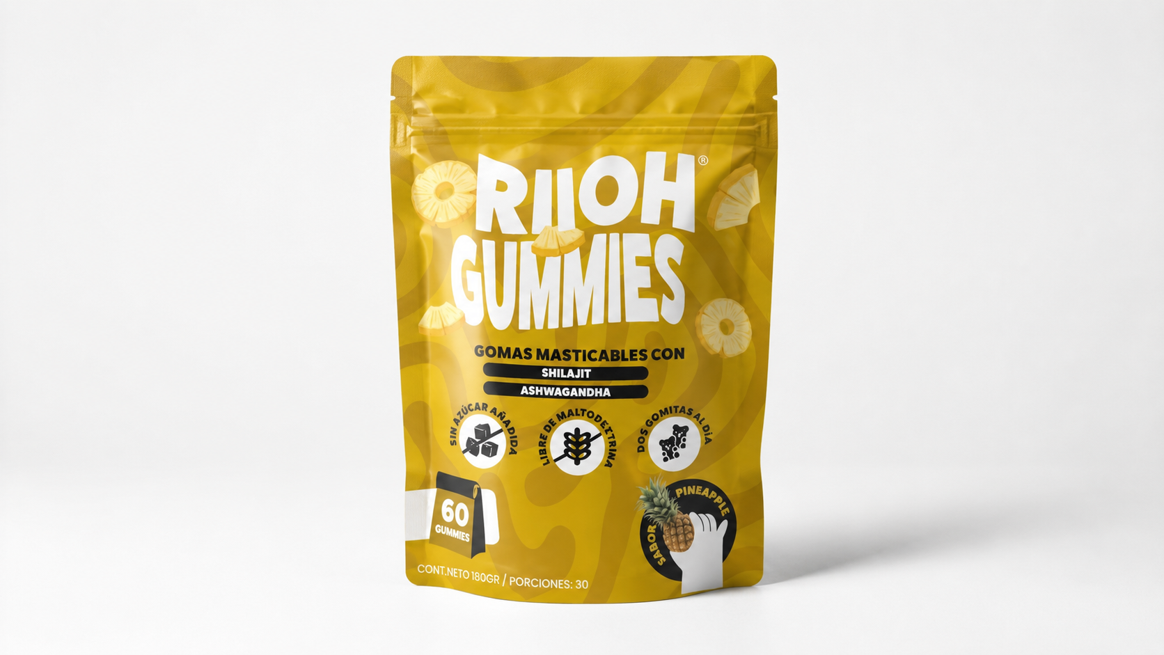 Bolsa doypack amarilla con diseño de ondas y piñas, etiqueta de gomas masticables con shilajit y ashwagandha, 60 unidades.