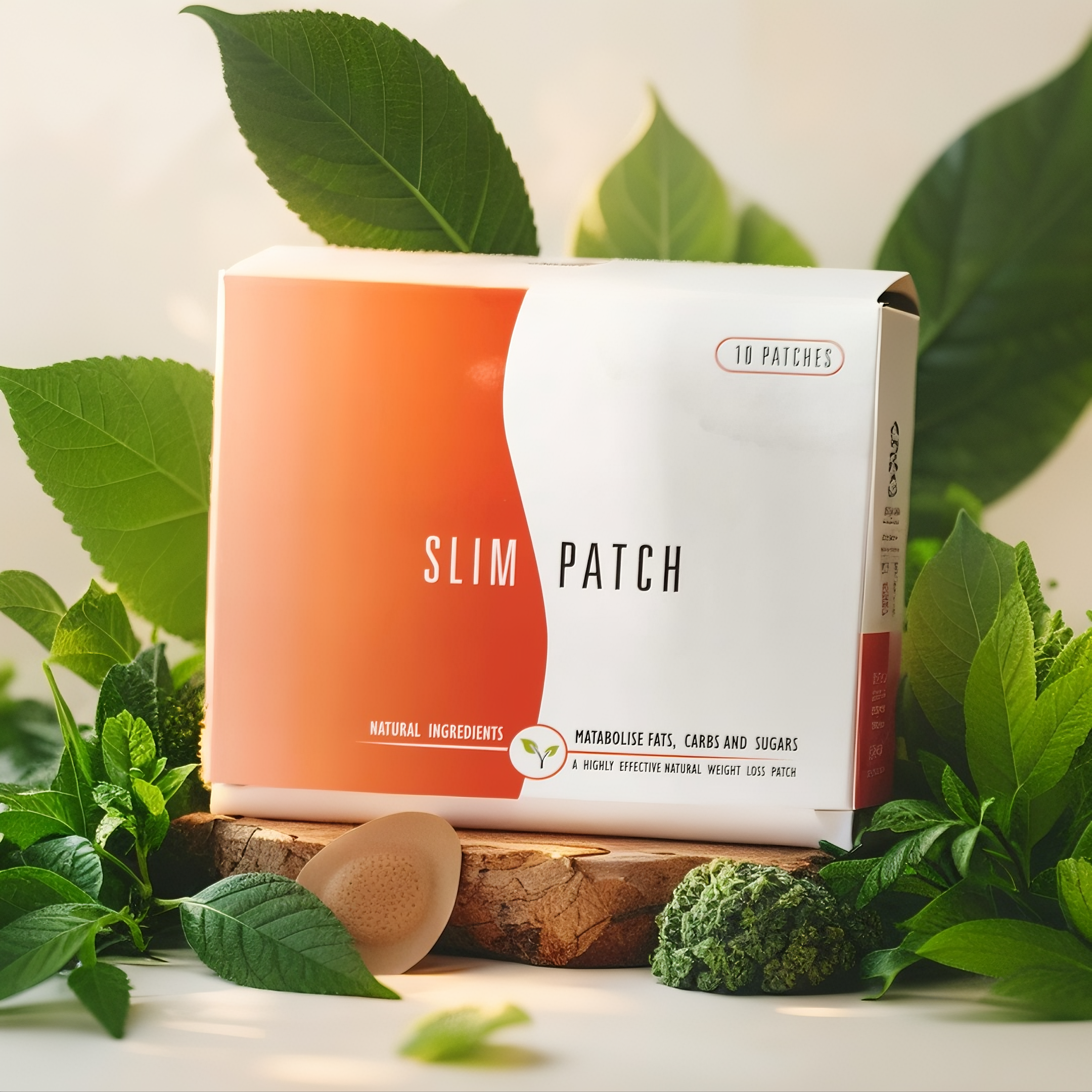 Caja blanca y naranja de parches reductores naturales Slim Patch, rodeada de hojas verdes frescas y un parche adhesivo sobre madera.
