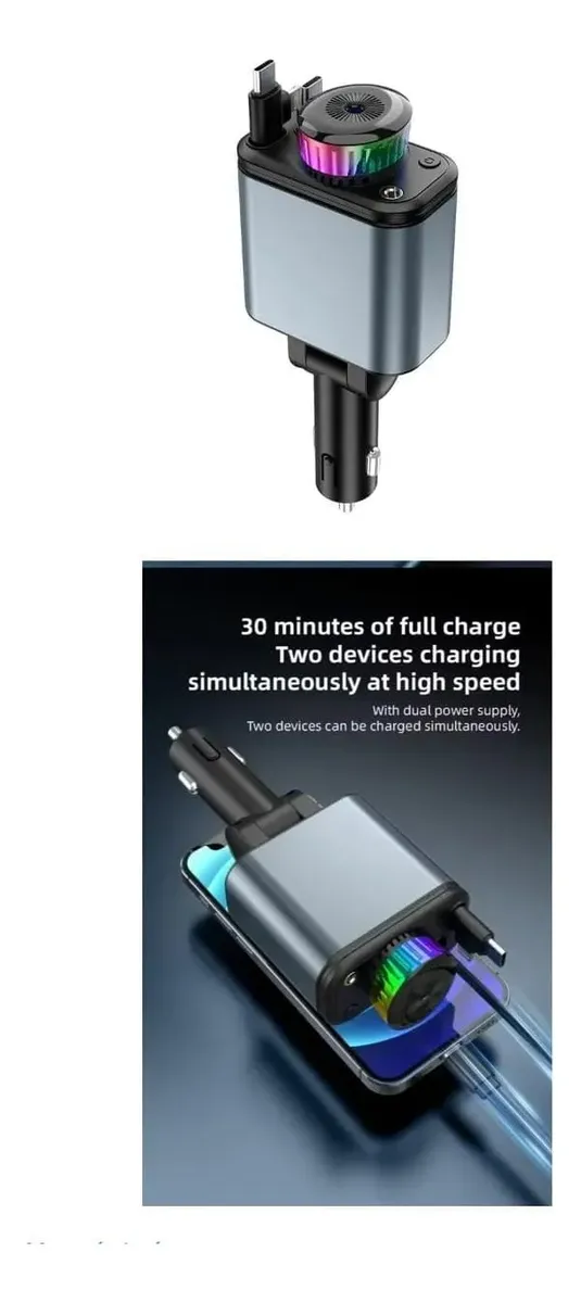 Cargador para auto gris con conector tipo encendedor, dos cables integrados, luz LED multicolor y difusor de aroma superior para carga rápida simultánea.
