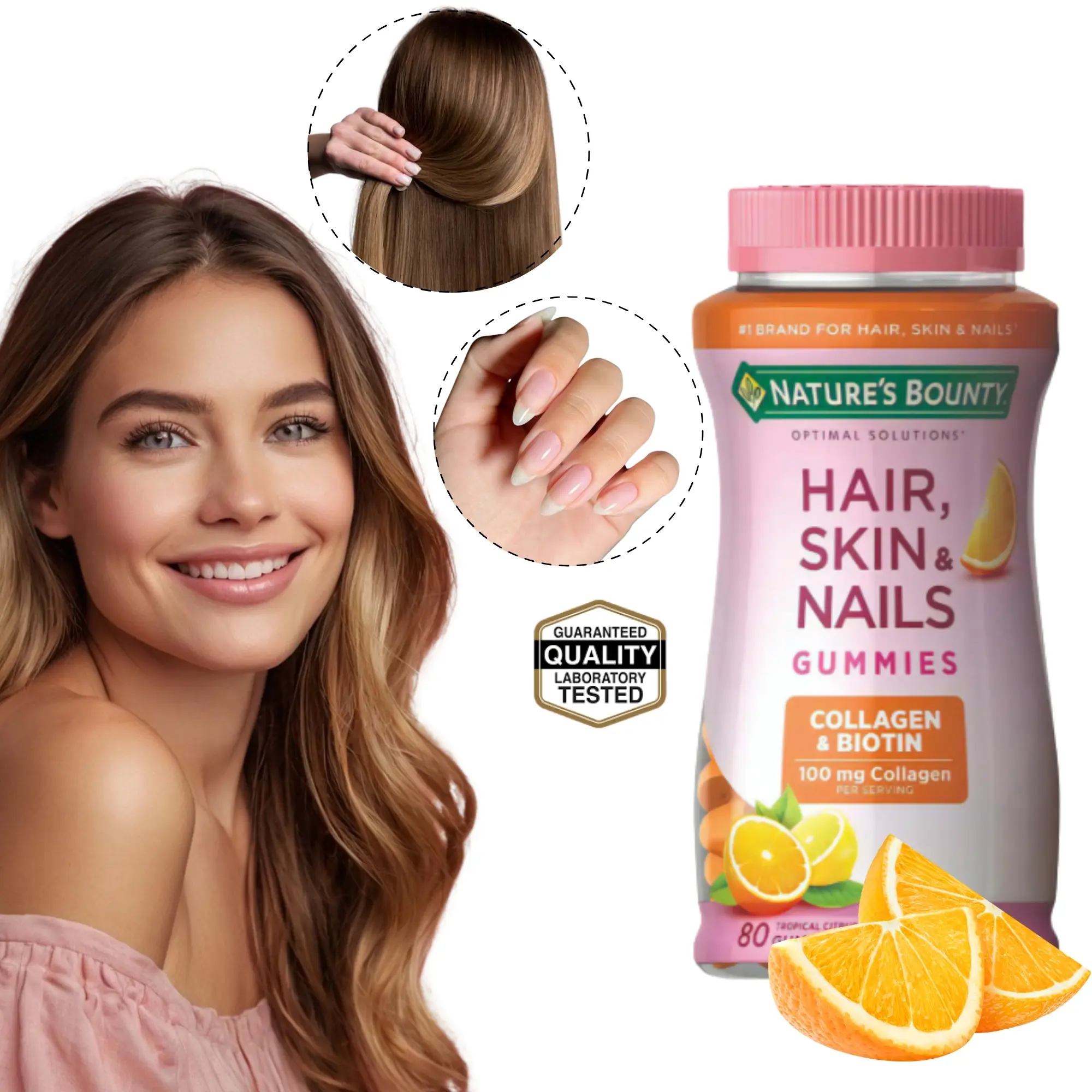 Frasco de gomitas Nature's Bounty Hair Skin Nails con biotina y colágeno, acompañado de mujer sonriente, cabello brillante y naranjas frescas.