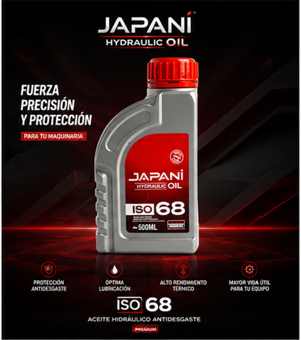 Aceite hidráulico Japani ISO 68 en envase gris de 500 ml con tapa roja. Ofrece lubricación y protección antidesgaste para maquinaria.