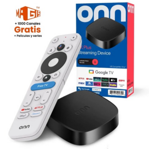 Dispositivo de streaming Onn 4K Plus negro junto a su control remoto blanco y su caja original de presentación.
