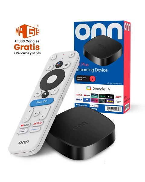 Dispositivo de streaming Onn 4K Plus negro junto a su control remoto blanco y su caja original de presentación.