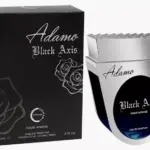 Perfume Adamo Black Axis Pour Homme de 80 ml con caja negra decorada con rosas y frasco plateado de diseño anguloso y ovalado.