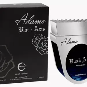 Perfume Adamo Black Axis Pour Homme de 80 ml con caja negra decorada con rosas y frasco plateado de diseño anguloso y ovalado.