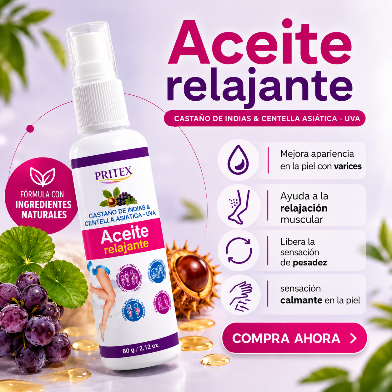 Aceite relajante en spray de 60 g con castaño de indias, centella asiática y uva para aliviar pesadez y mejorar la apariencia con varices.