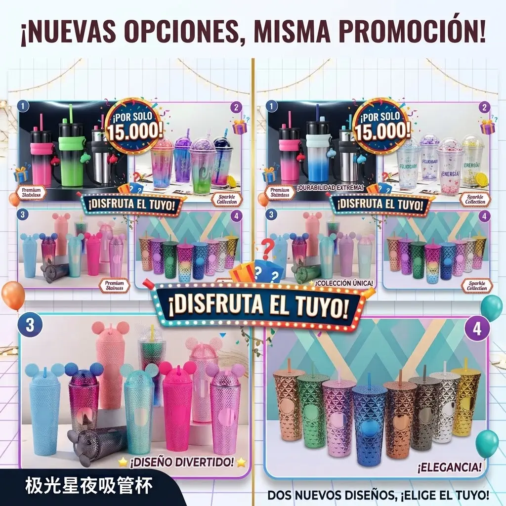 Set de termos portátiles coloridos con sorbete y diseños variados de orejas y texturas metálicas para bebidas.