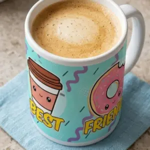 Mug de cerámica blanco con diseño turquesa de café y dona, lleno de café espumoso, sobre servilleta azul texturizada.