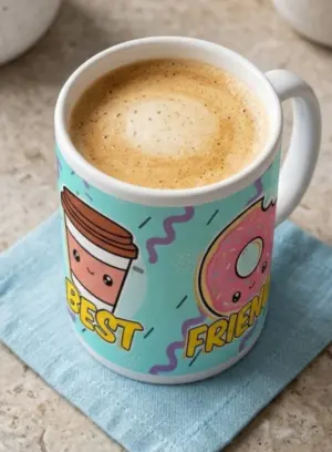 Mug de cerámica para café con diseño de amistad y dona - Celebra momentos especiales y comparte bebidas calientes cada mañana