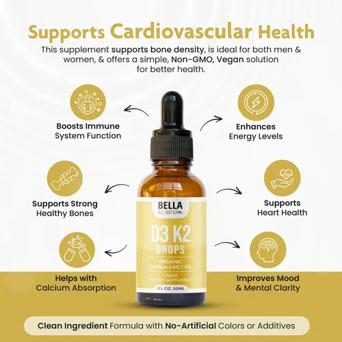 Gotero líquido ámbar de Vitamina D3 K2 Bella All Natural de 1 fl oz y 50 ml con beneficios de salud cardiovascular y ósea.