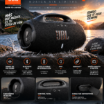 Parlante inalámbrico JBL Boombox 4 negro en la orilla de un lago, con radiadores de bajos visibles, Bluetooth, protección contra agua y asa integrada.
