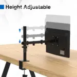 Soporte de escritorio negro para monitor, con brazo articulado ajustable en altura y base de abrazadera metálica sobre superficie de madera clara.