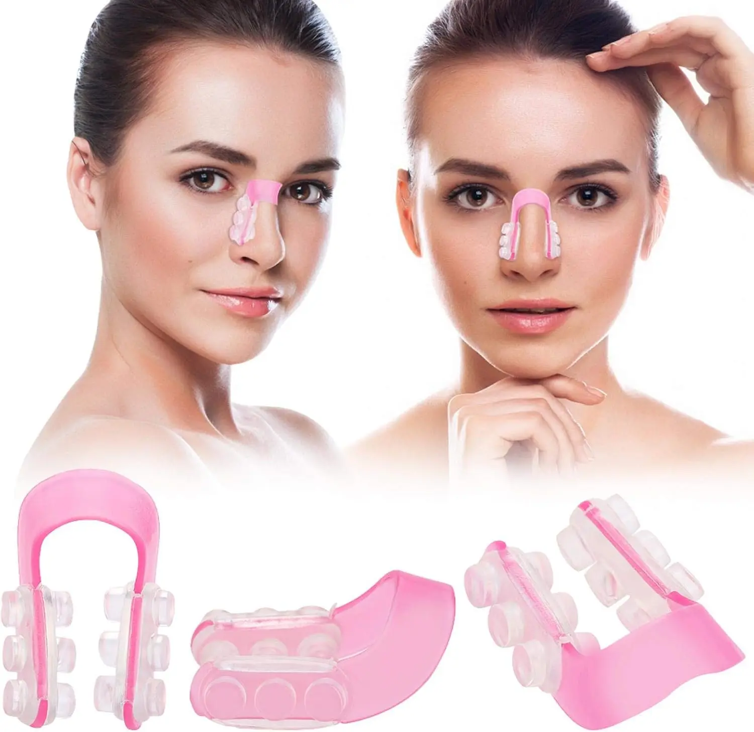Moldeador de tabique Nose Up rosa con almohadillas transparentes. Muestra el uso en el rostro y tres ángulos detallados del dispositivo.