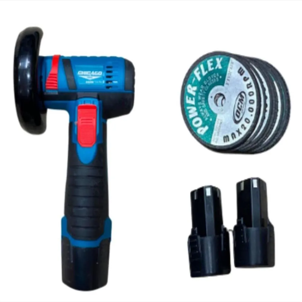 Pulidora inalámbrica azul de 12V con mango ergonómico negro, protector de disco, un paquete de discos abrasivos Power Flex y dos baterías recargables.