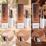 Set x3 bases en barra OCheal tonos Ivory, Natural y Deep Shade con aplicador triangular de 10g cada una y textura cremosa sobre piel.