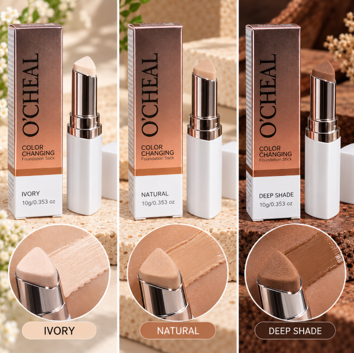 Set x3 bases en barra OCheal tonos Ivory, Natural y Deep Shade con aplicador triangular de 10g cada una y textura cremosa sobre piel.