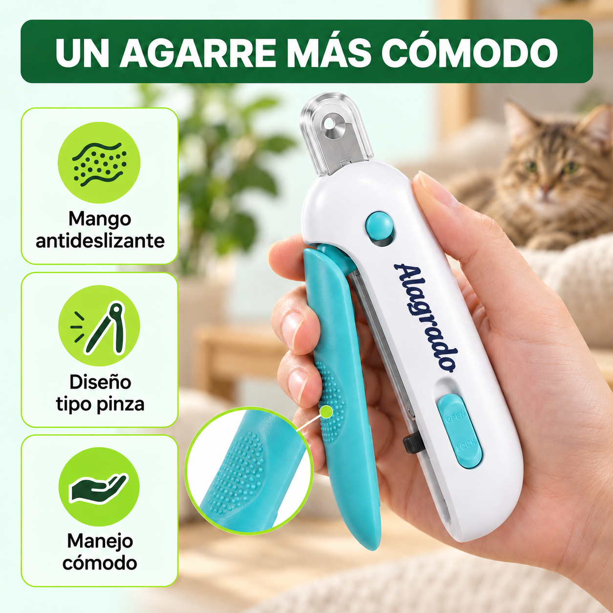 Mano sosteniendo cortaúñas blanco y turquesa para gatos con mango antideslizante, diseño tipo pinza y mecanismo de seguridad.
