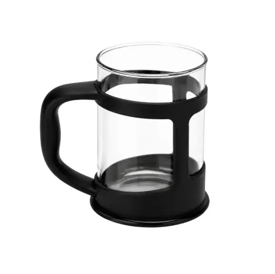 Pocillo de vidrio transparente de 200 ml con base y mango ergonómico en color negro para proteger las manos del calor.