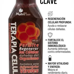 Botella marrón de 500 ml con etiqueta oscura, texto en rojo y blanco sobre terapia celular y lista de tres beneficios clave.