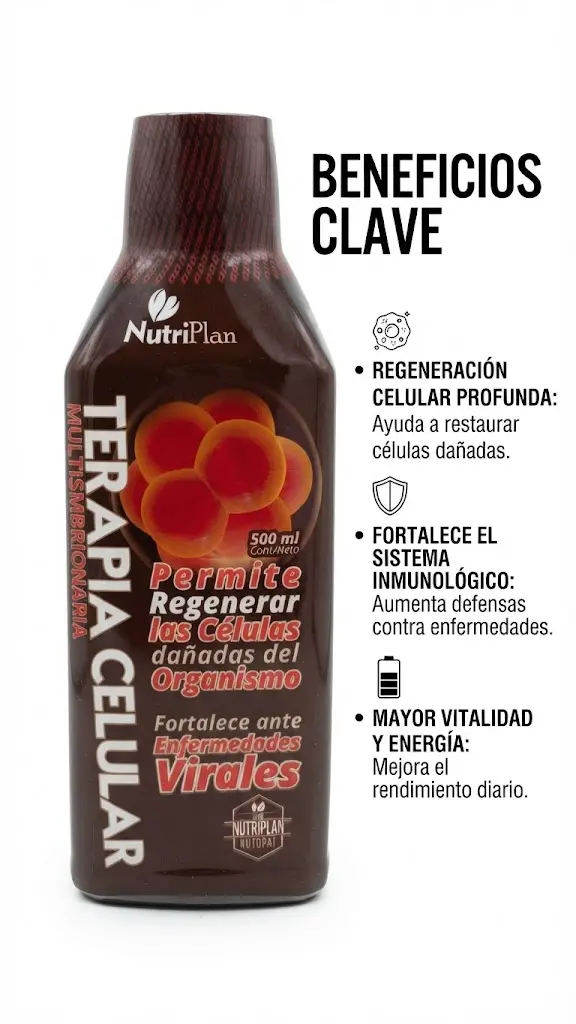 Botella marrón de 500 ml con etiqueta oscura, texto en rojo y blanco sobre terapia celular y lista de tres beneficios clave.
