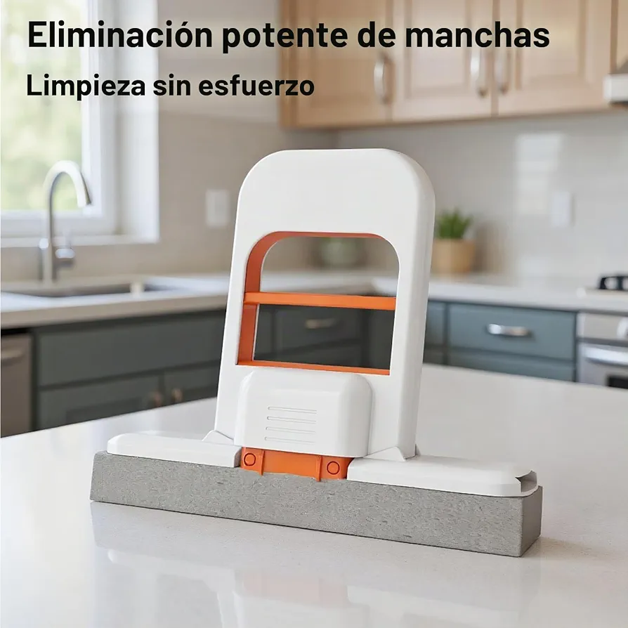 Mini mopa escurridora manual blanca con detalles naranjas y esponja gris, diseñada para limpiar superficies de cocina manteniendo las manos secas.