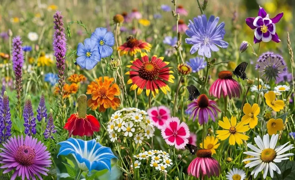 Mix de 100 semillas de flores silvestres variadas con margaritas, equináceas, campanillas y flores rojas, amarillas y moradas para jardín, polinizadores y exteriores.