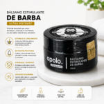 Frasco negro de bálsamo estimulante para barba de 100ml con etiqueta blanca y dorada, sobre base de mármol blanco.
