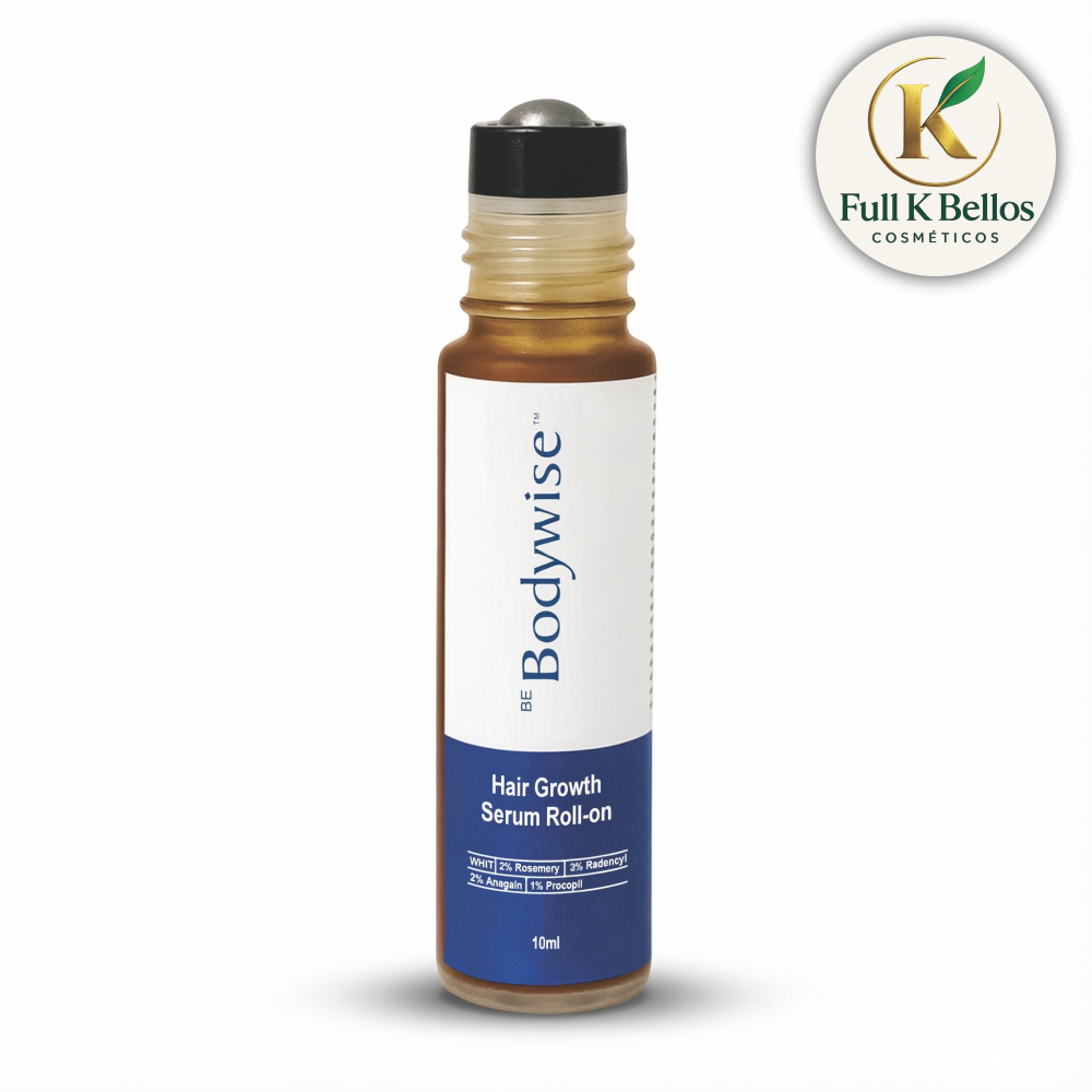 Serum capilar roll-on anticaída de 10ml en envase cilíndrico con aplicador metálico, etiqueta blanca y azul con ingredientes activos.