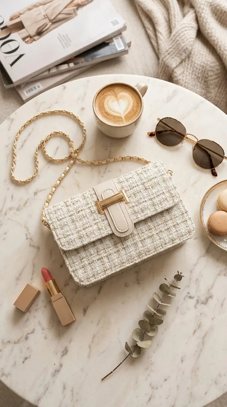 Bolso de mano para mujer en tweed beige y dorado con correa de cadena, sobre mesa de mármol con café y accesorios.