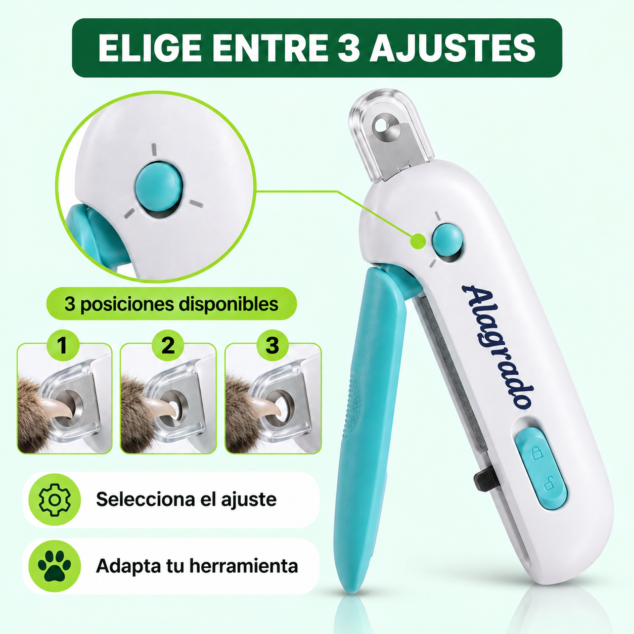 Cortauñas para mascotas blanco y turquesa con selector de tres posiciones de corte y protector integrado.