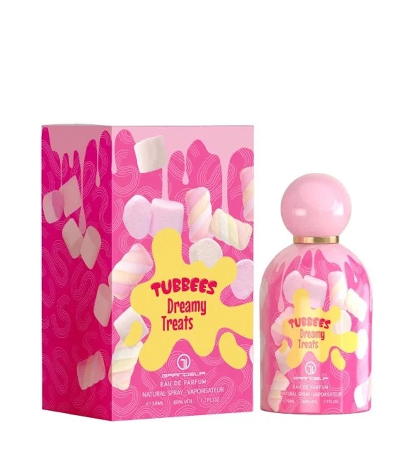 Perfume Tubbees Dreamy Treats Grandeur 10 ml de 50 ml con envase rosa decorado con nubes de malvavisco y caja a juego