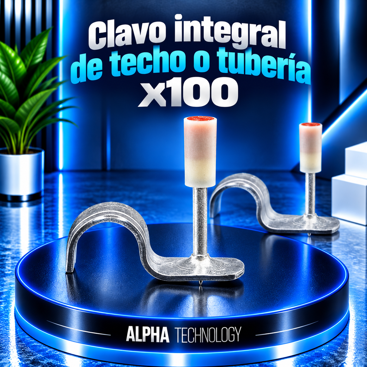 Clavo integral metálico para fijación de tuberías con tope plástico bicolor, exhibido sobre plataforma circular azul con iluminación neón de fondo.