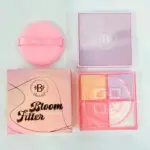 Polvo corrector mini Bloomshell Filter con cuatro tonos pastel, borla rosa y estuche cuadrado con espejo