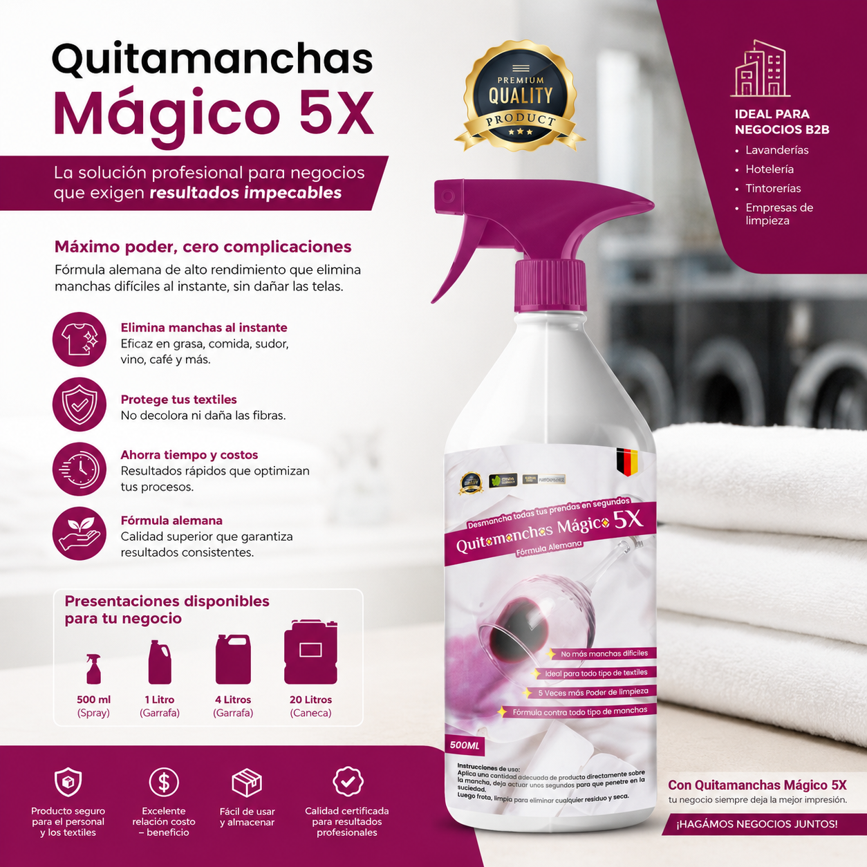 Botella spray blanca de quinientos mililitros con líquido quitamanchas para telas sobre fondo con toallas blancas.