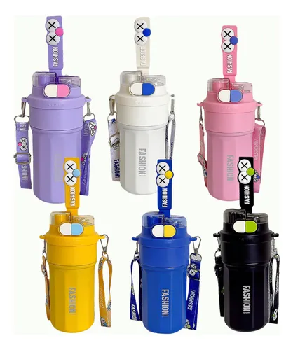Seis termos de acero inoxidable de 520 ml en colores morado, blanco, rosa, amarillo, azul y negro con correa y accesorio decorativo "Fashion".